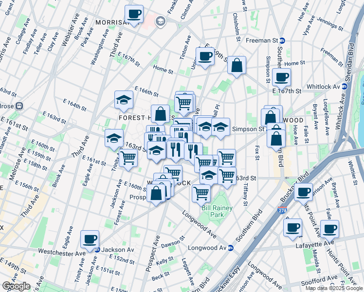 map of restaurants, bars, coffee shops, grocery stores, and more near in The Bronx