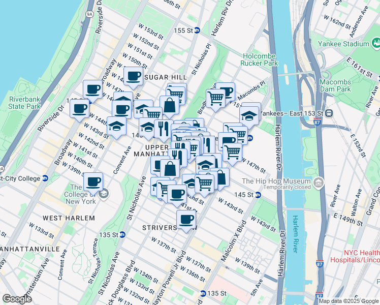 map of restaurants, bars, coffee shops, grocery stores, and more near 301 West 145th Street in New York