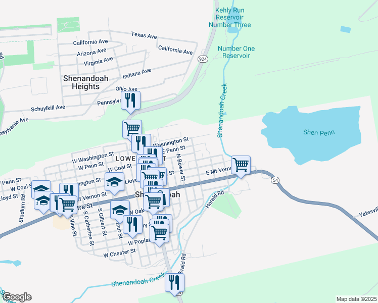 map of restaurants, bars, coffee shops, grocery stores, and more near 233 East Coal Street in Shenandoah