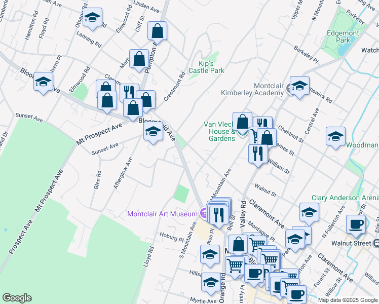 map of restaurants, bars, coffee shops, grocery stores, and more near 823 Bloomfield Avenue in Montclair