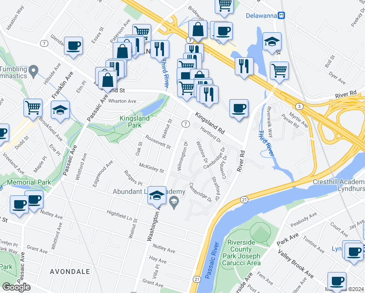map of restaurants, bars, coffee shops, grocery stores, and more near 25 Wilmington Drive in Nutley