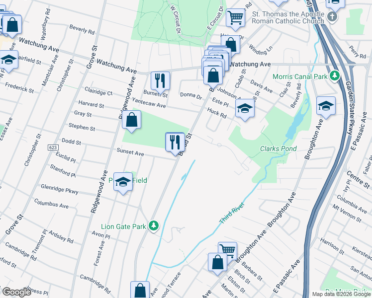 map of restaurants, bars, coffee shops, grocery stores, and more near 905 North Broad Street in Bloomfield