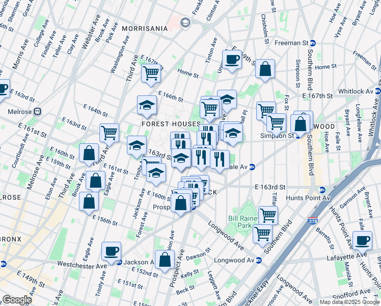 map of restaurants, bars, coffee shops, grocery stores, and more near 909 Tinton Avenue in The Bronx