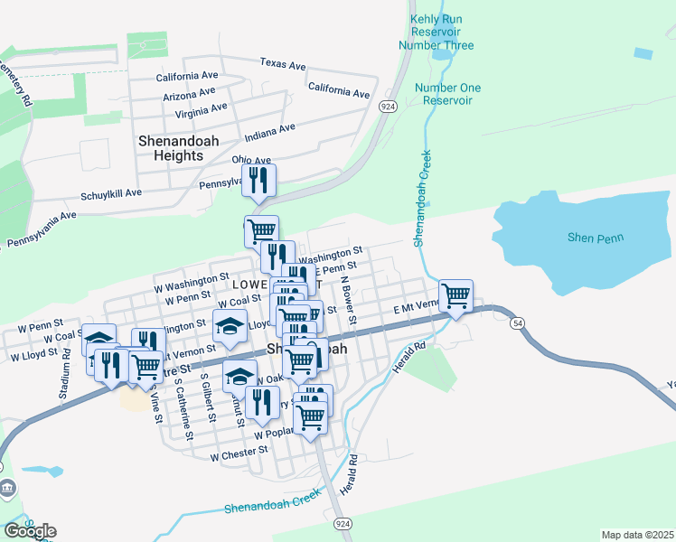 map of restaurants, bars, coffee shops, grocery stores, and more near 138 East Penn Street in Shenandoah