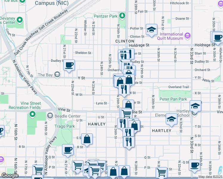 map of restaurants, bars, coffee shops, grocery stores, and more near 938 North 25th Street in Lincoln