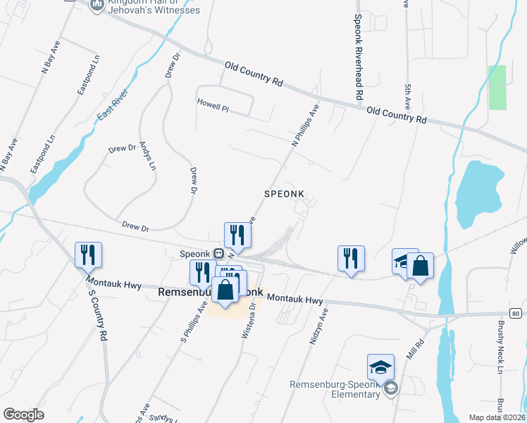 map of restaurants, bars, coffee shops, grocery stores, and more near 64 North Phillips Avenue in Remsenburg-Speonk