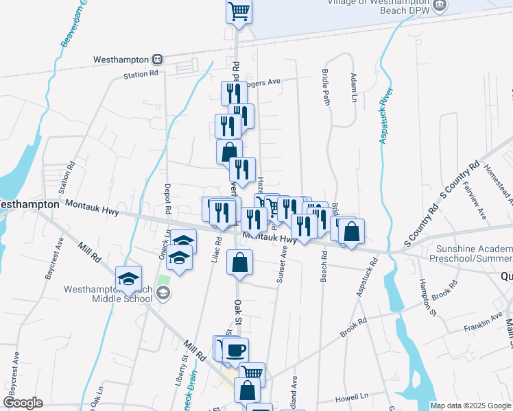 map of restaurants, bars, coffee shops, grocery stores, and more near 7 Hazelwood Avenue in Westhampton Beach