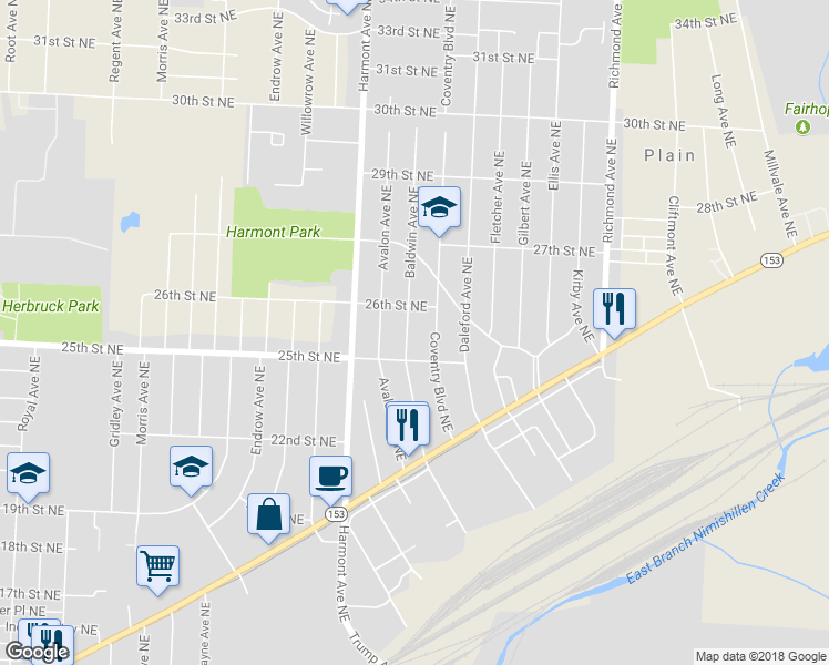 map of restaurants, bars, coffee shops, grocery stores, and more near 2526 Baldwin Avenue Northeast in Canton
