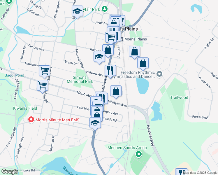 map of restaurants, bars, coffee shops, grocery stores, and more near 361 Speedwell Avenue in Morris Plains