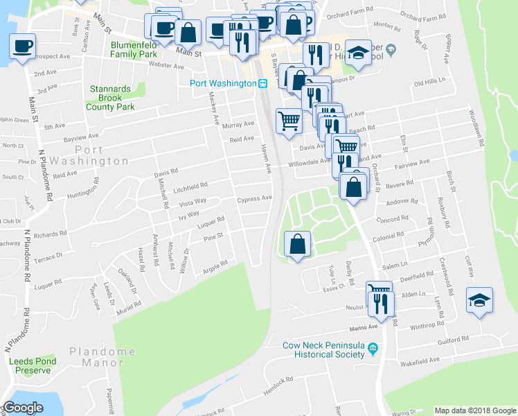 map of restaurants, bars, coffee shops, grocery stores, and more near 9 Birchwood Street in Port Washington