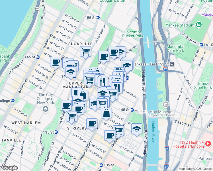 map of restaurants, bars, coffee shops, grocery stores, and more near 225 West 146th Street in New York