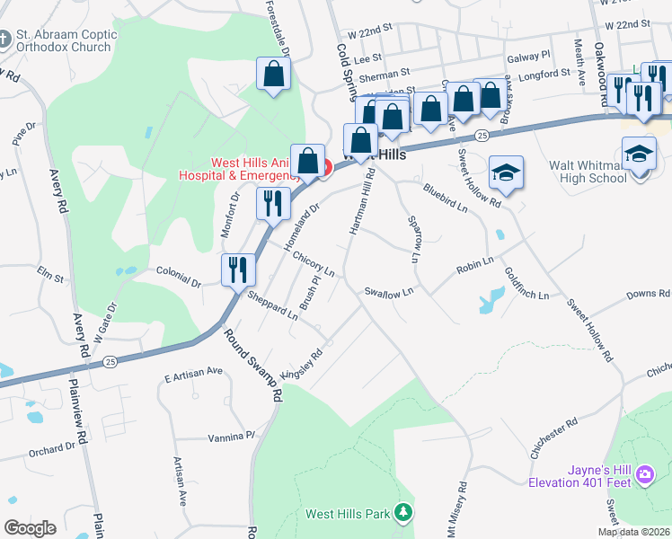 map of restaurants, bars, coffee shops, grocery stores, and more near 47 Hartman Hill Road in Huntington