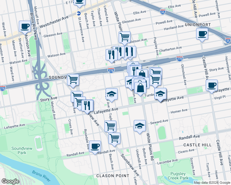 map of restaurants, bars, coffee shops, grocery stores, and more near 834 Leland Avenue in Bronx