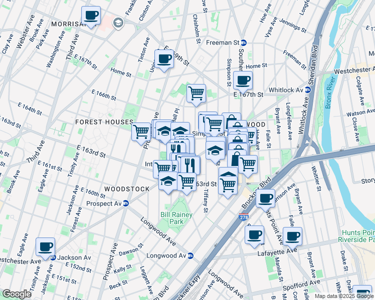 map of restaurants, bars, coffee shops, grocery stores, and more near 958 Westchester Avenue in The Bronx