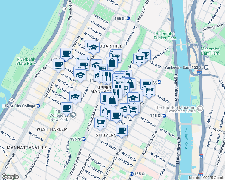 map of restaurants, bars, coffee shops, grocery stores, and more near 27 Bradhurst Avenue in New York