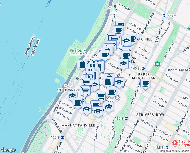 map of restaurants, bars, coffee shops, grocery stores, and more near 3410 Broadway in New York