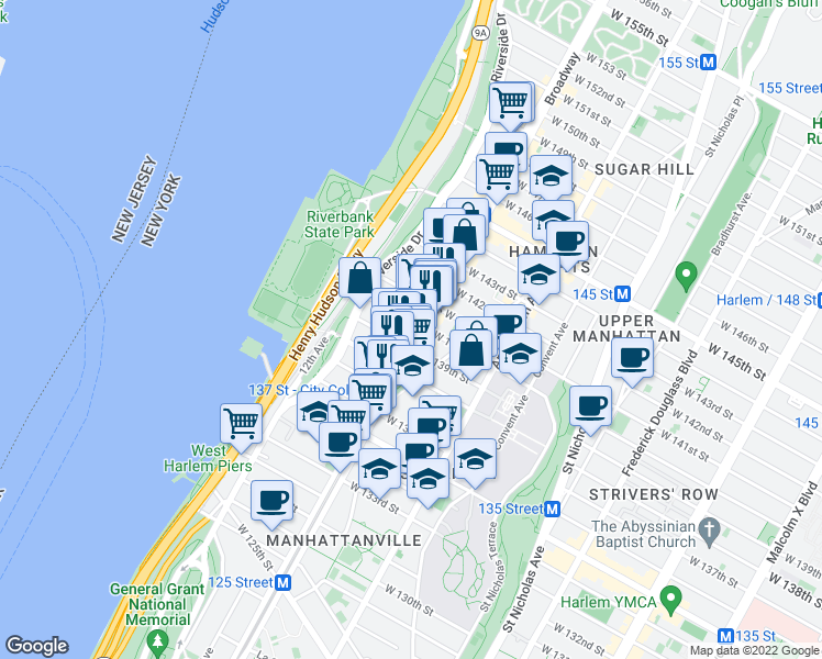 map of restaurants, bars, coffee shops, grocery stores, and more near 3410 Broadway in New York