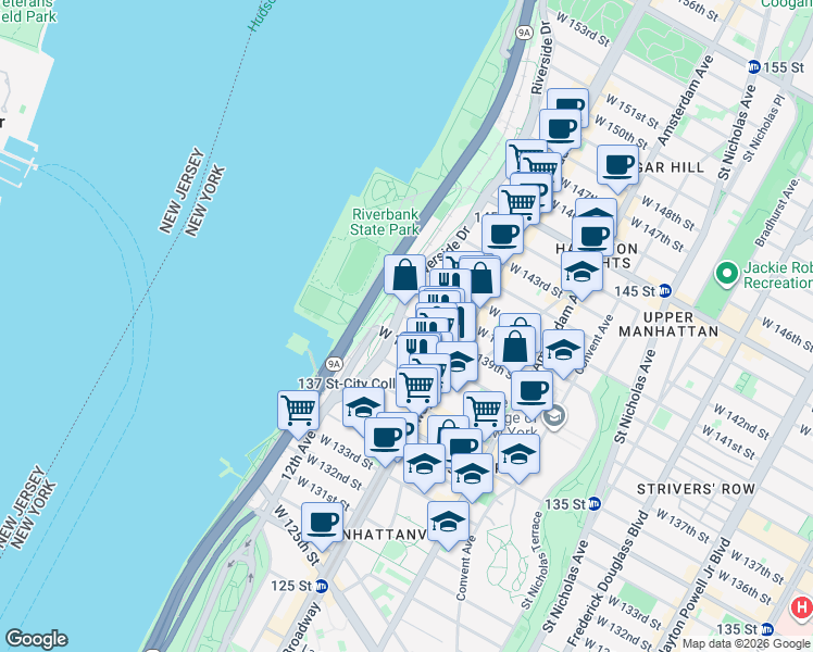 map of restaurants, bars, coffee shops, grocery stores, and more near 611 West 138th Street in New York