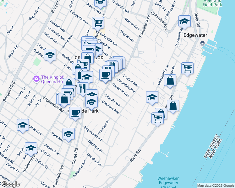 map of restaurants, bars, coffee shops, grocery stores, and more near 56 Washington Avenue in Cliffside Park