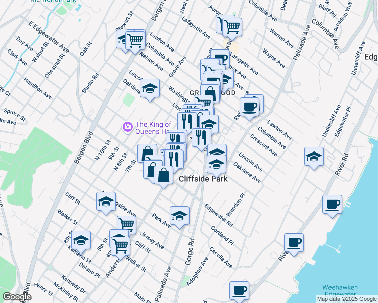 map of restaurants, bars, coffee shops, grocery stores, and more near 542 Kearney Avenue in Cliffside Park