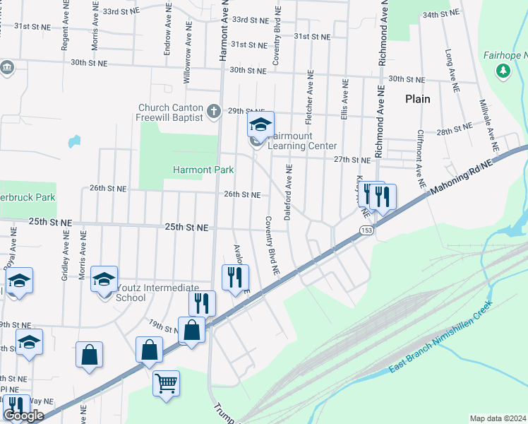 map of restaurants, bars, coffee shops, grocery stores, and more near 2500 Baldwin Avenue Northeast in Canton