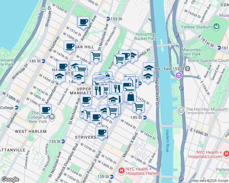 map of restaurants, bars, coffee shops, grocery stores, and more near 241 West 145th Street in New York