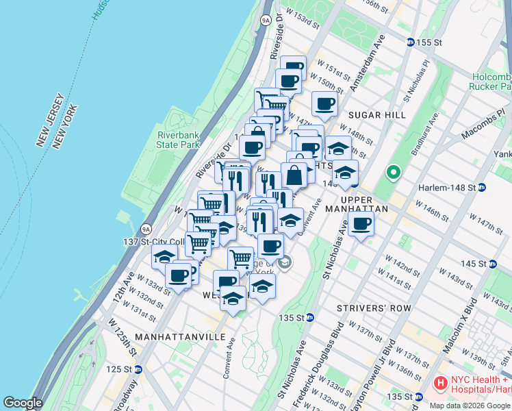 map of restaurants, bars, coffee shops, grocery stores, and more near 546 West 141st Street in New York