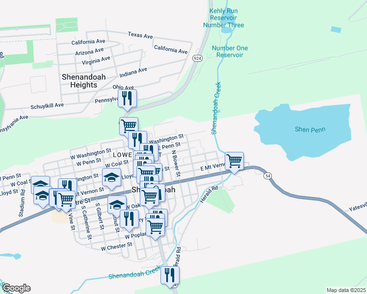 map of restaurants, bars, coffee shops, grocery stores, and more near 233 East Coal Street in Shenandoah