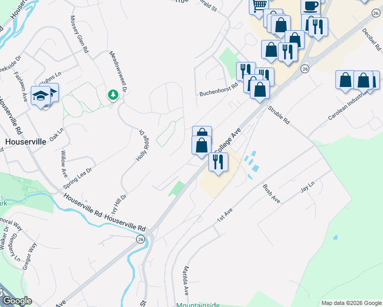 map of restaurants, bars, coffee shops, grocery stores, and more near in Houserville
