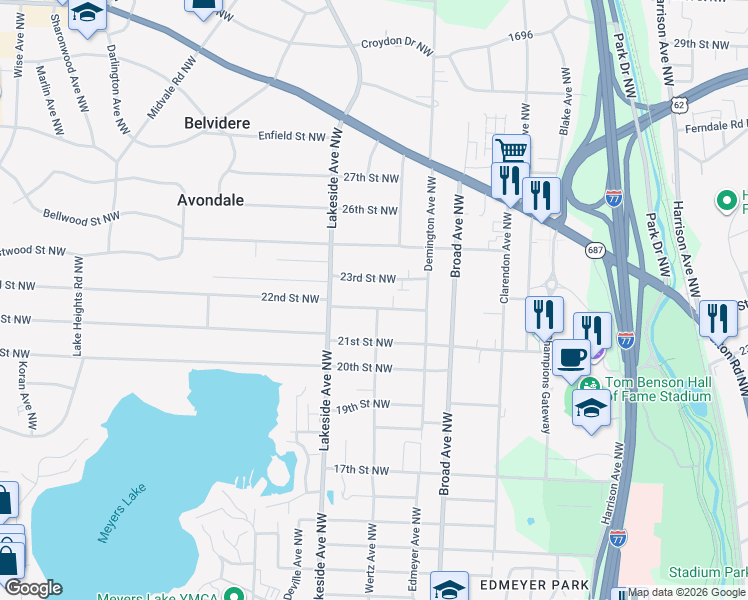map of restaurants, bars, coffee shops, grocery stores, and more near 3044 22nd Street Northwest in Canton