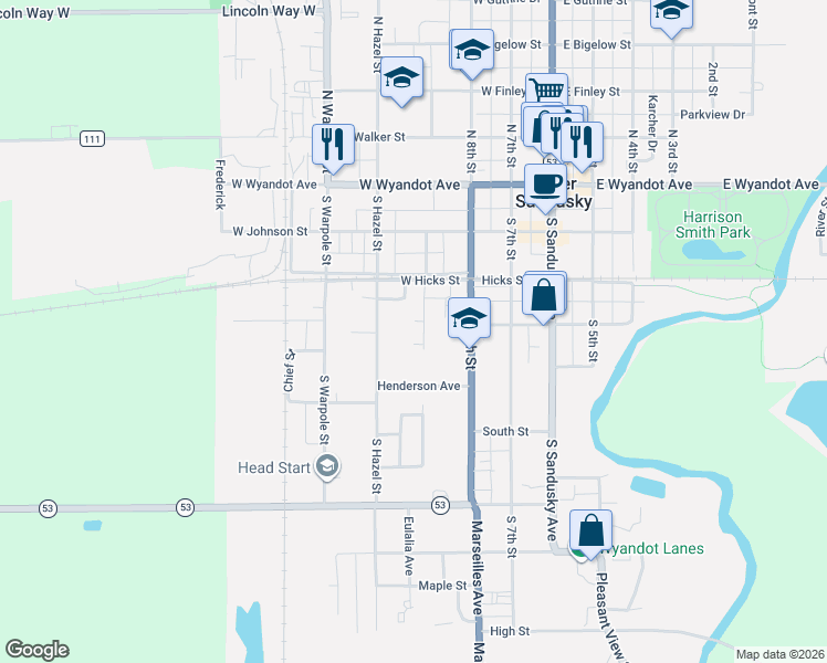map of restaurants, bars, coffee shops, grocery stores, and more near 361 Summit Street in Upper Sandusky