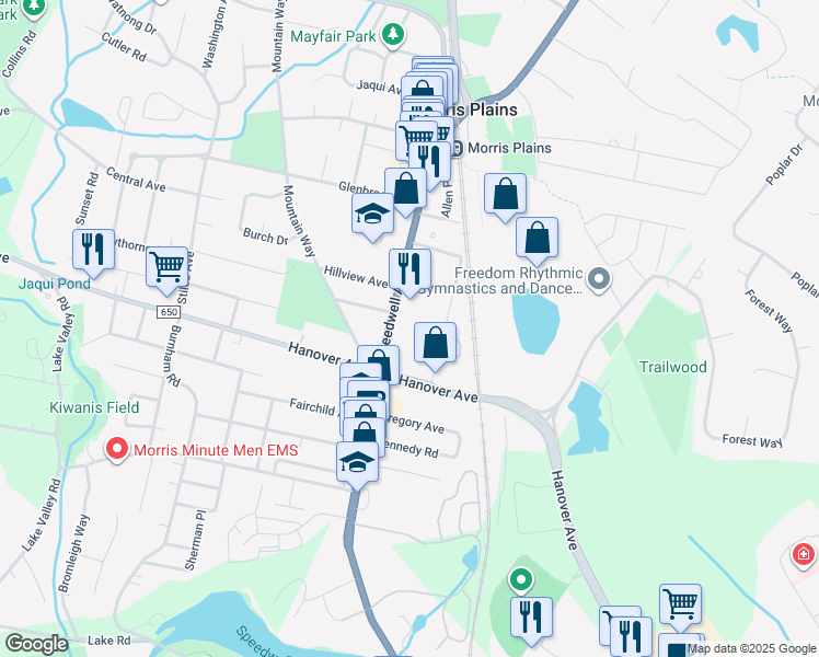 map of restaurants, bars, coffee shops, grocery stores, and more near 361 Speedwell Avenue in Morris Plains