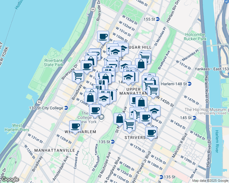 map of restaurants, bars, coffee shops, grocery stores, and more near 18 Hamilton Terrace in New York