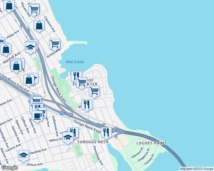 map of restaurants, bars, coffee shops, grocery stores, and more near 4 Edgewater Park in Bronx