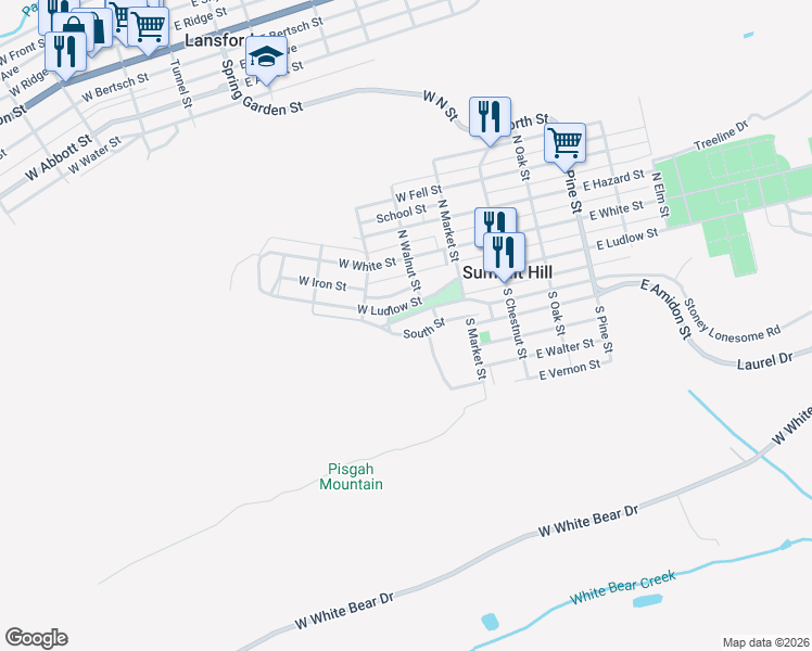 map of restaurants, bars, coffee shops, grocery stores, and more near Beech St in Summit Hill