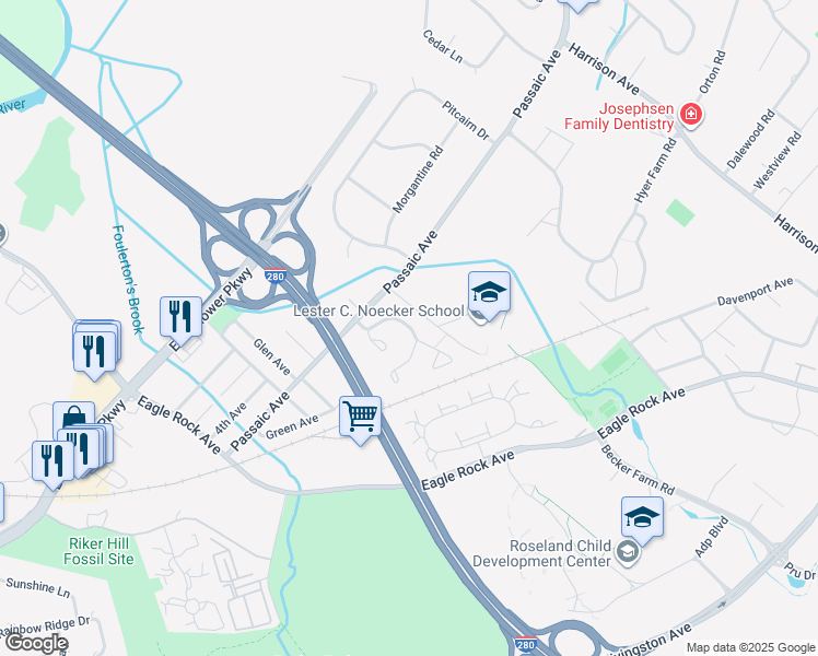 map of restaurants, bars, coffee shops, grocery stores, and more near 12 Stonegate Drive in Roseland