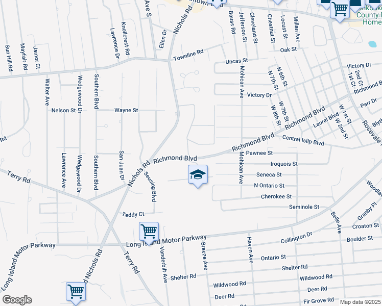 map of restaurants, bars, coffee shops, grocery stores, and more near 51 Richmond Boulevard in Ronkonkoma