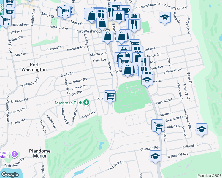 map of restaurants, bars, coffee shops, grocery stores, and more near 19 Cypress Avenue in Port Washington