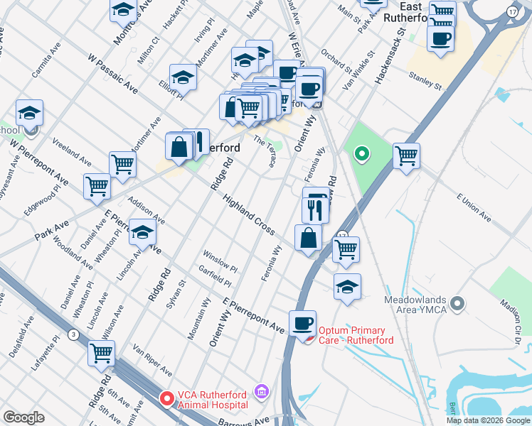 map of restaurants, bars, coffee shops, grocery stores, and more near 103 Mountain Way in Rutherford
