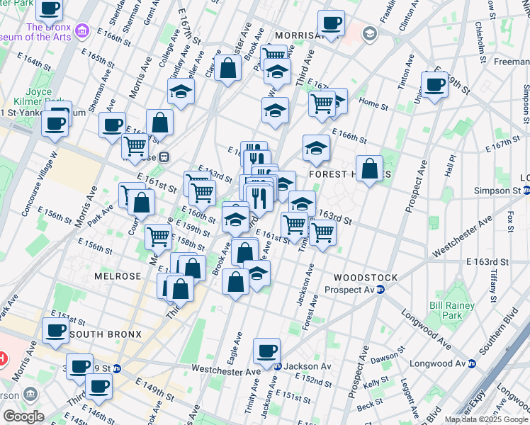 map of restaurants, bars, coffee shops, grocery stores, and more near in The Bronx