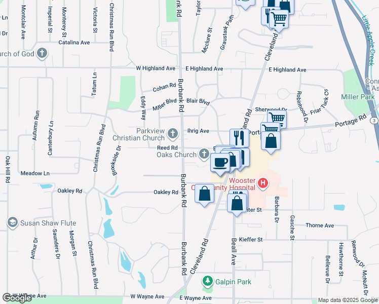 map of restaurants, bars, coffee shops, grocery stores, and more near 221 Elm Drive in Wooster