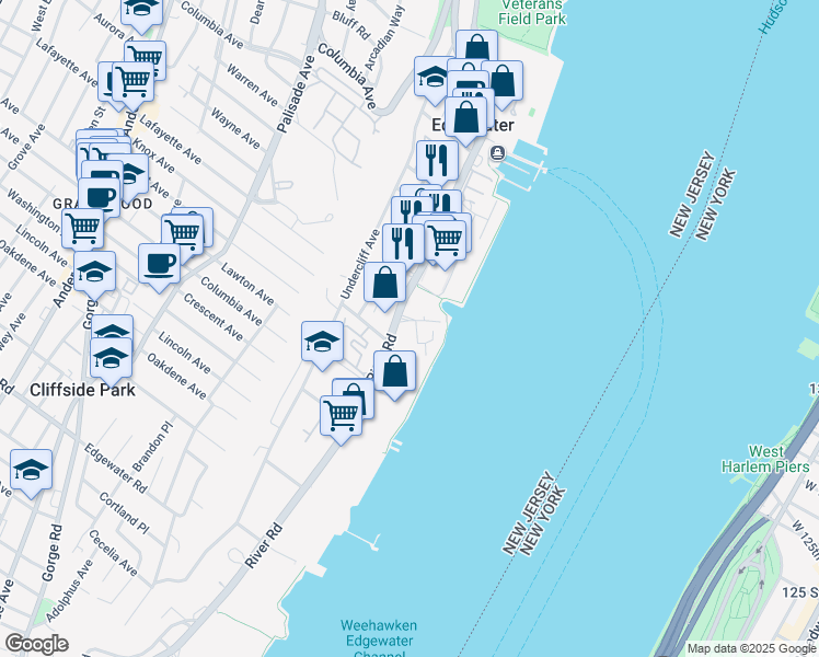 map of restaurants, bars, coffee shops, grocery stores, and more near 840 River Road in Edgewater