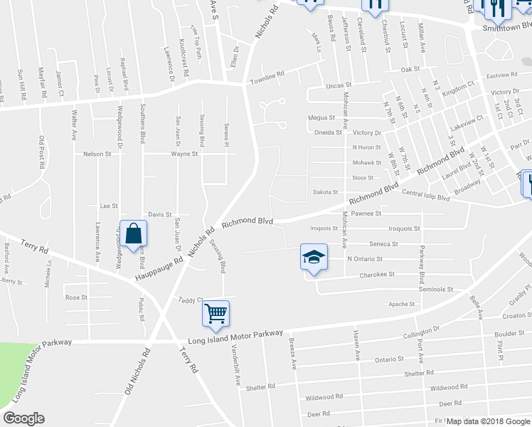 map of restaurants, bars, coffee shops, grocery stores, and more near 27 Richmond Boulevard in Ronkonkoma