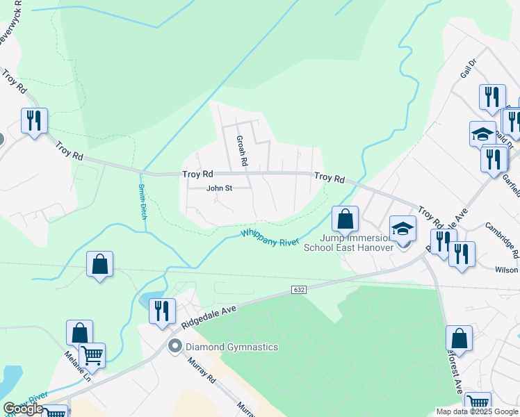 map of restaurants, bars, coffee shops, grocery stores, and more near 9 Lorie Drive in East Hanover