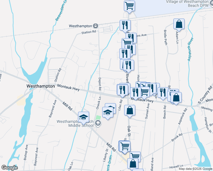map of restaurants, bars, coffee shops, grocery stores, and more near 57 Brittany Lane in Westhampton Beach
