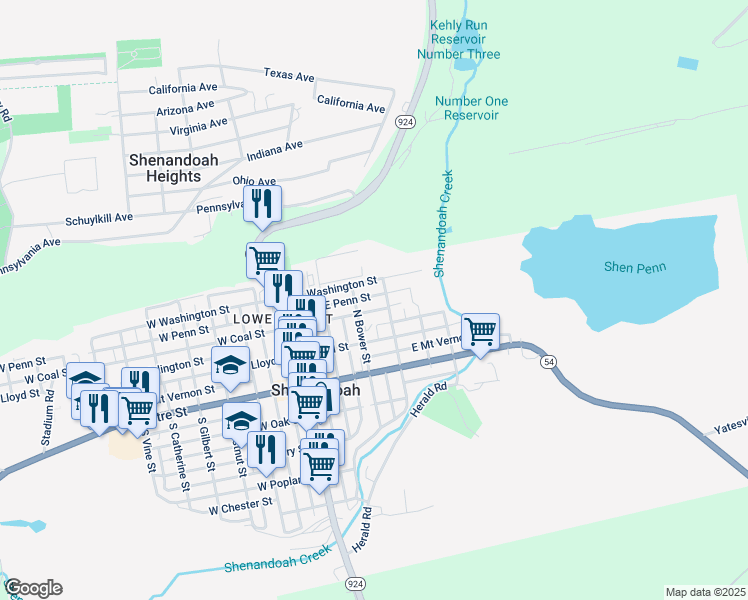 map of restaurants, bars, coffee shops, grocery stores, and more near 224 East Penn Street in Shenandoah