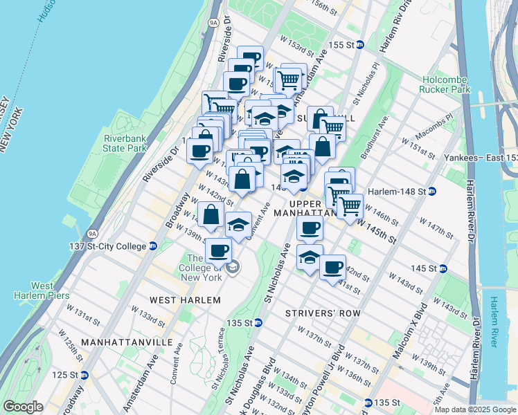 map of restaurants, bars, coffee shops, grocery stores, and more near 310 Convent Avenue in New York