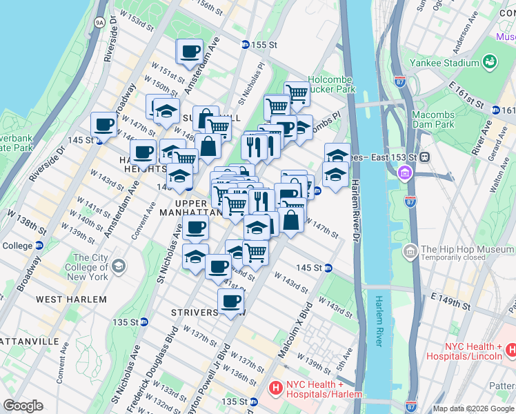 map of restaurants, bars, coffee shops, grocery stores, and more near 267 West 146th Street in New York
