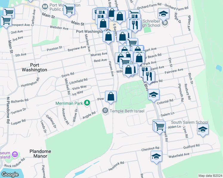 map of restaurants, bars, coffee shops, grocery stores, and more near 19 Cypress Avenue in Port Washington
