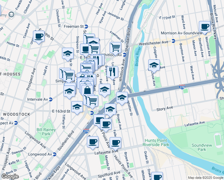 map of restaurants, bars, coffee shops, grocery stores, and more near 1020 Bryant Avenue in Bronx